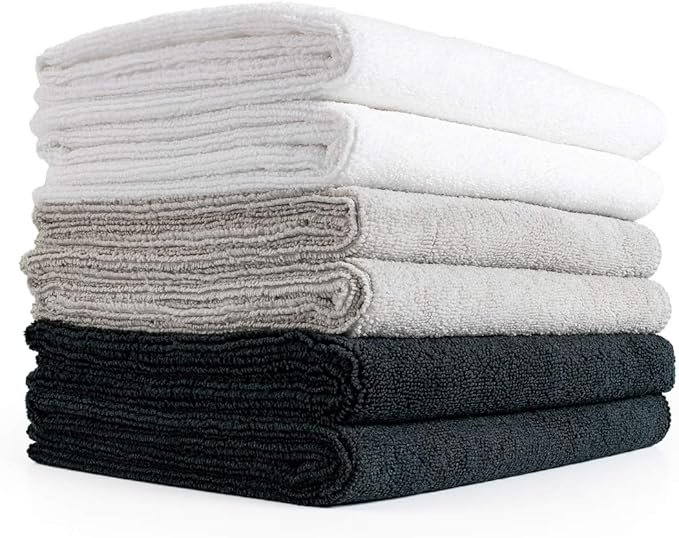 The Rag Company Microfiber Spa and Yoga Towel - Soft and Absorbent Towel for Gym, Spa, Exercise, Hotel, and Resort Use - Dries Fast - 16x27 inches - White, Ice Grey, Black, 6-Pack
