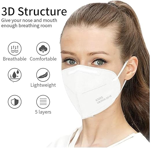 LEMENT 50PCS KN95 Face Mask 5 Layer Breathable with Elastic EarLoops Cup Dust Safety Masks White