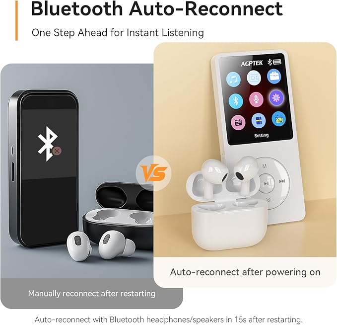 AGPTEK A02 MP3 Player with Bluetooth 5.3, 1.8 inch Screen Portable Music Player with Speaker, FM Radio, Voice Recorder, Supports Expanded Up to 128GB(White, 64GB)
