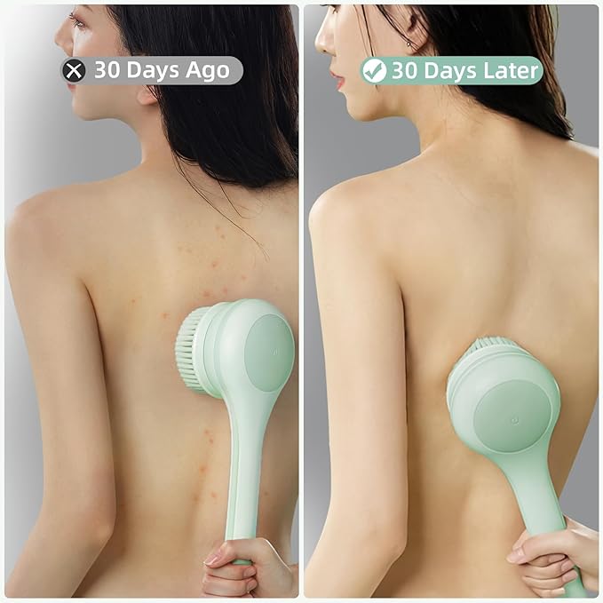 Electric Body Brush Back Scrubber for Shower, Waterproof Long Dual Handle Power Body Scrubber with 3 Heads, Rechargeable Bath Brush & 2 Speeds, for Cleansing, Exfoliating and Massaging Skin