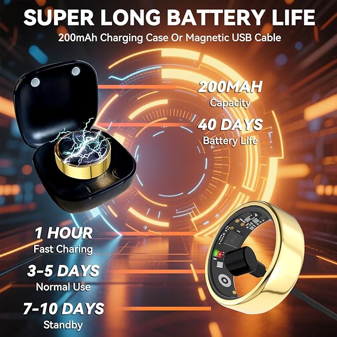 Smart Ring for Men Women with Black Charging Box, Bluetooth, Health Ring , IP68 Waterproof, Fitness Ring Tracks Heart Rate/Sleep/Steps/Sports Activities/Blood Oxygen,non-subscription app (Gold, 11)