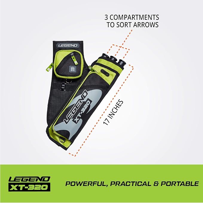 LEGEND XT320 Archery Quivers - Nylon Hip Quivers with 3 Arrow Tube Cases for Target Shooting - Adjustable Waist Belt, T-Slot, Storage Compartments for Accessories, Gear, Tools, Release Tab, Score Card
