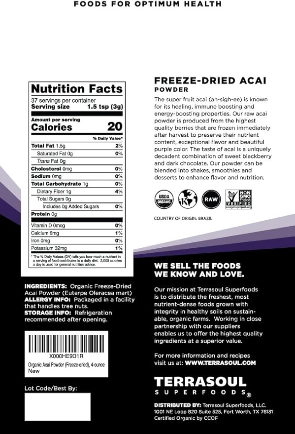 Terrasoul Superfoods Organic Acai Berry Powder, 8 Oz (Pack of 2), Freeze-Dried for Freshness, Omega Fats Boost for Smoothie Bowls, and Antioxidant-Packed Superfoods Recipes