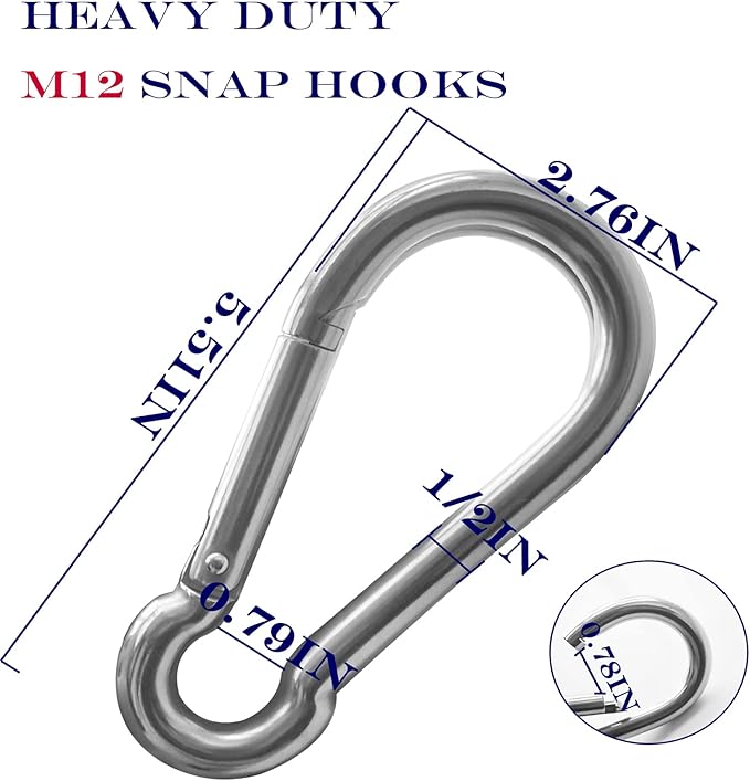 10Pack 5.5 Inch Spring Snap Hooks, Heavy Duty Carabiner Clips for Swing, 12MM 1/2” Quick Chain Link Buckle Clip Keychain Carabiners for Hammock Fitness Gym Boating-1350lbs Capacity
