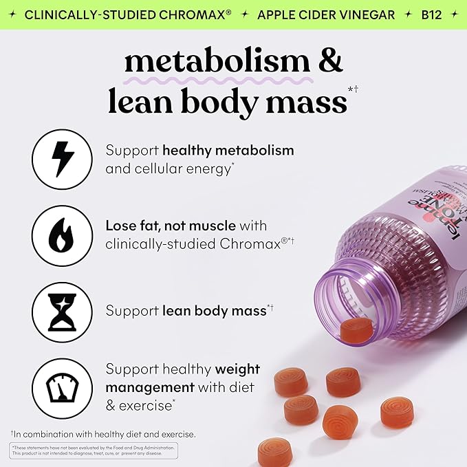 Lemme Tone Metabolism Gummies, Apple Cider Vinegar, Clinically Studied Chromium, B12, Ginger, Promote Lean Body Mass, Watermelon Apple Flavor (30 Day Supply)