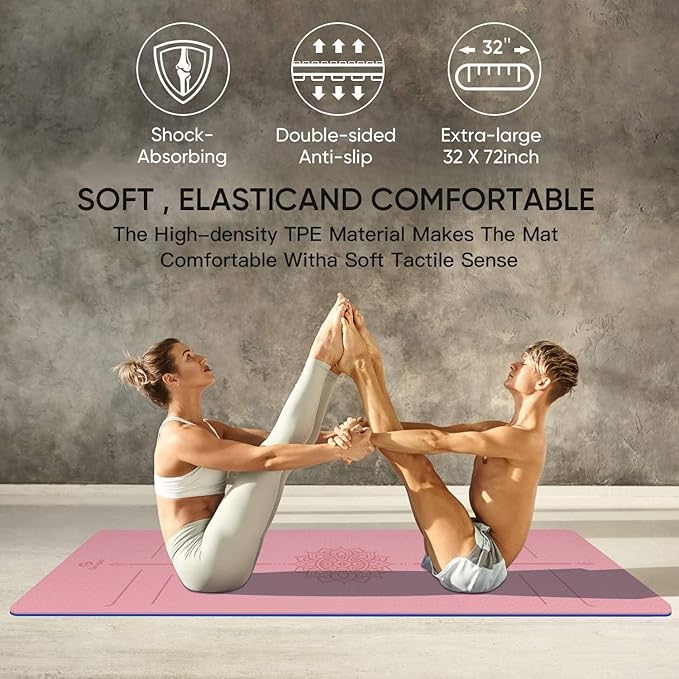 Yoga Mat Non Slip TPE Extra Wide Yoga Mat with Alignment Mark, 72"L x 32"W x 0.32"/0.24"Th (183cm x 81cm x 8mm/6mm), Anti-Tear Exercise Mat with Carrying Strap and Bag, Workout Mats for Yoga, Pilates