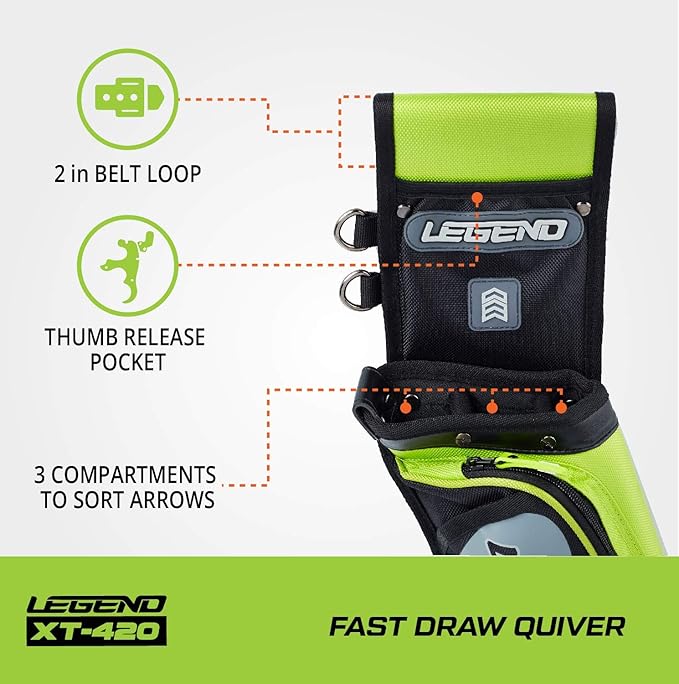 Legend XT420 Field Quiver - Left or Right-Handed Quiver Arrow Holder, Archery Quiver with 3 Arrow Tube, Durable Nylon Hip Quivers with Multiple Pockets for Archery Accessories, Score Card & Tools
