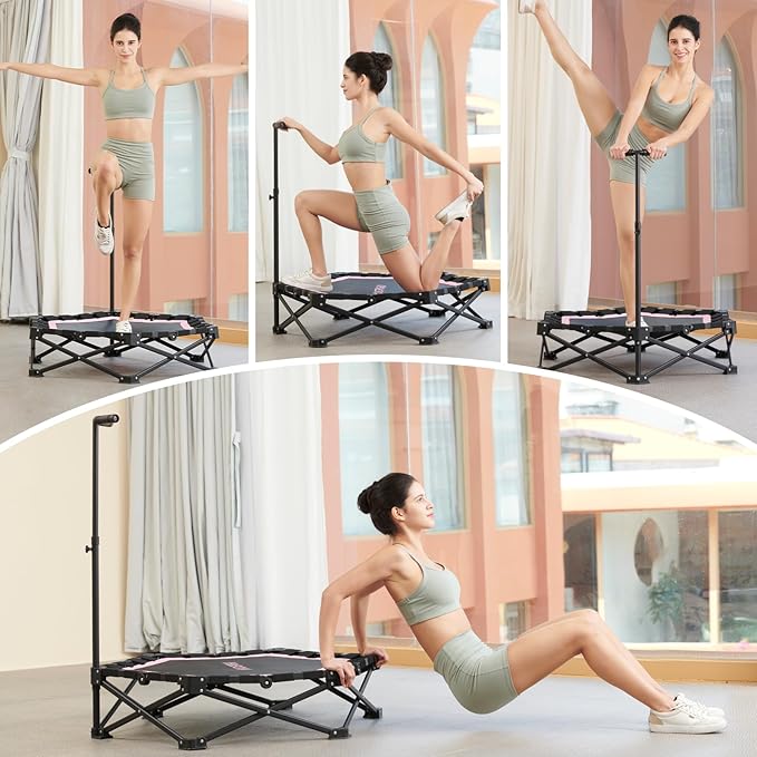 Foldable Mini Trampoline, Rebounder Trampoline with Adjustable Foam Handle, Fitness Trampoline for Indoor, Outdoor, Home Gym, Max Load 460 lbs