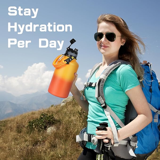 Insulated Water Bottle 64 oz, Half Gallon Water Jug Cold 48H, BPA Free Stainless Steel Bottles with Straw/Chug 2-in-1 Lid, Bag, Paracord Handle, Silicone Boot, Sports Gym School Metal Flask