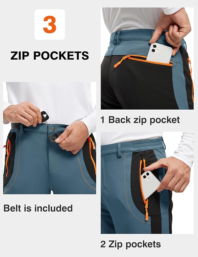 TBMPOY Men's Snow Ski Hiking Pants Waterproof Winter Fleece Lined Pants Camping Skiing Ice Fishing Pants with Belt