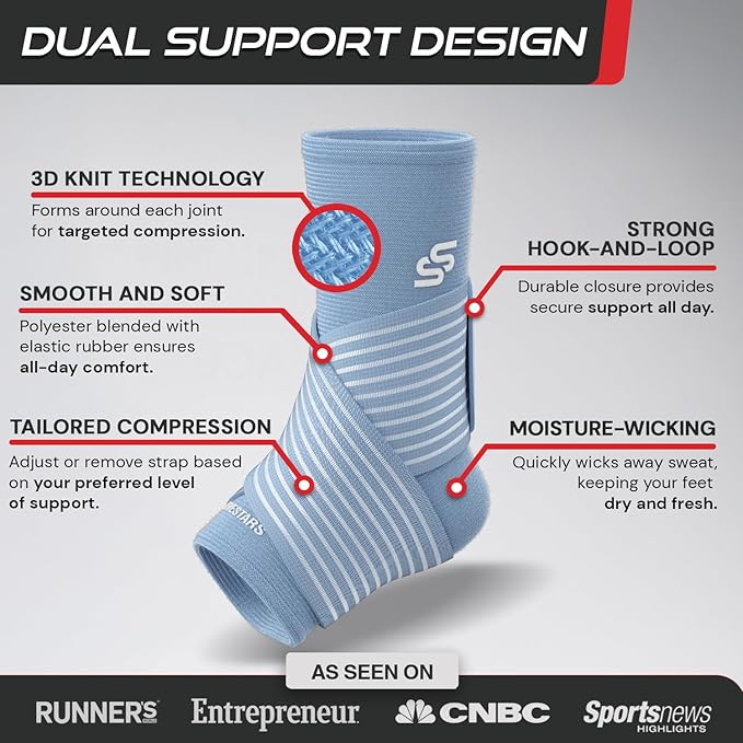 Sleeve Stars Ankle Brace for Women & Men, Ankle Wrap for Sprained Ankle, Compression Sleeve for Plantar Fasciitis Relief, Easy Customizable Support: w/Removable Strap (Single/L:12"-13"/Light Blue)