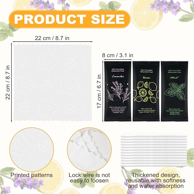 Moist Cotton Towel Bulk Moist Towelettes Individually Wrapped 8.7" x 8.7",White Towel Services,Refreshment Pre Moistened Towels Lavender, Lemon and Mint for Sport Party Spa (pack of 150)