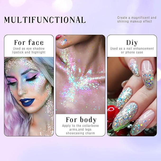 Roll-on Holographic Body Glitter Gel for Face Hair, Chameleon Color Changing Glitter Gel Under Light, Chunky Mermaid Sequins Festival Party Rave Accessories Shimmer Makeup (11# Mermaid)