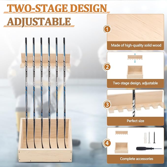 Leinuosen Hockey Stick Holder Wall Mounted and Vertical 2 in 1 Wooden Ice Hockey Rack Organizer Storage and Display Large Capacity Organizer Holds up to Sticks for Player Gifts