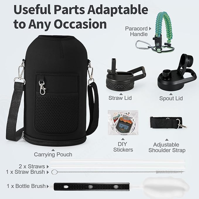One Gallon Water Bottle Insulated, Triple Wall Vacuum Cold for 48 Hrs & Leak-proof & Non-BPA, 128oz Large Sports Stainless Steel Water Jug with Paracord Handle Straw Spout Lids & DIY Stickers