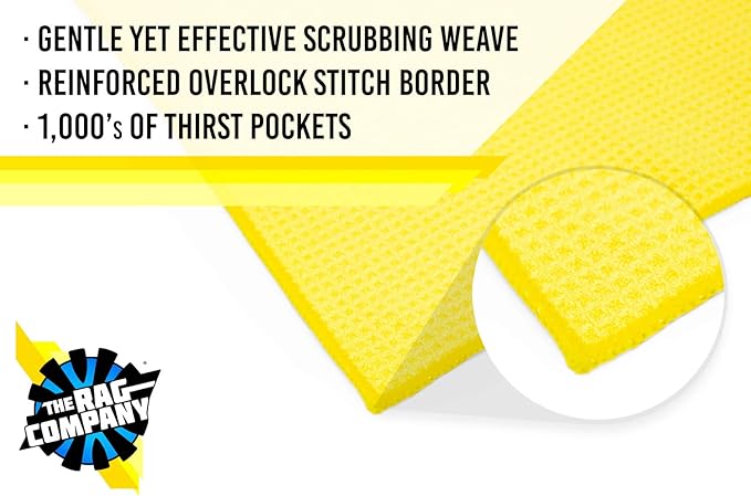 The Rag Company - Standard Waffle Weave Microfiber Towels (3-Pack) Detailing, Window, Glass and Drying, Wax & Polish, Lint-Free, Streak-Free, 370gsm, 16in x 16in, Yellow