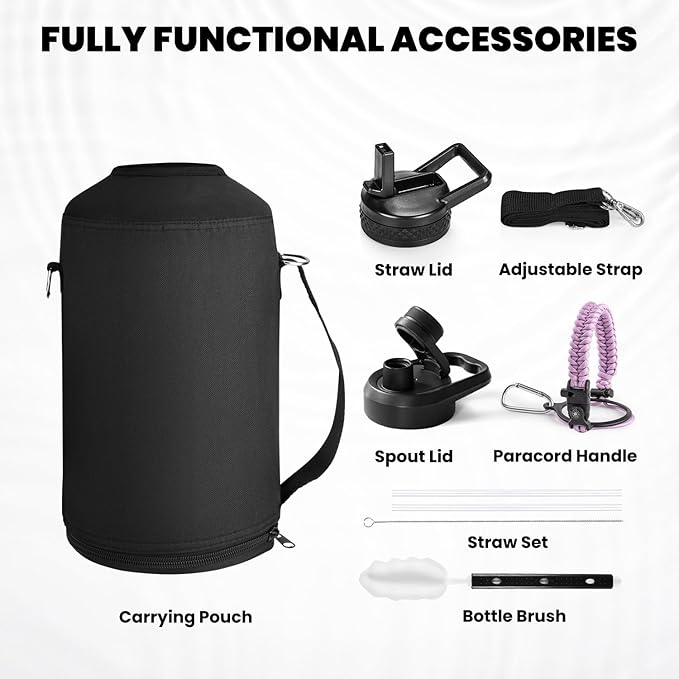 One Gallon Water Bottle Insulated, Triple Walled Vacuum Stainless Steel (Cold for 48 Hrs), Leak Proof & Non-BPA, Large Water Flask Jug with Paracord Handle & Straw Spout Lids