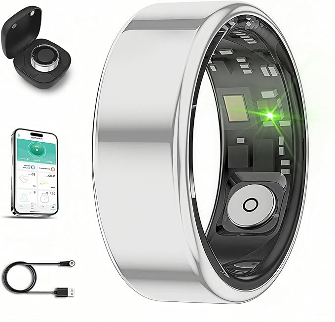 Smart Ring for Men Women with Black Charging Box, Bluetooth, Health Ring , IP68 Waterproof, Fitness Ring Tracks Heart Rate/Sleep/Steps/Sports Activities/Blood Oxygen,non-subscription app (Silver, 13)