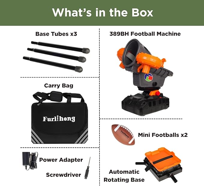 Furlihong 389BH Football Machine for Kids & Teens, Automatic & Manual Thrower, 3 Adjustable Angles, Left-Right Oscillation, Ideal for Catch & Pass Drills