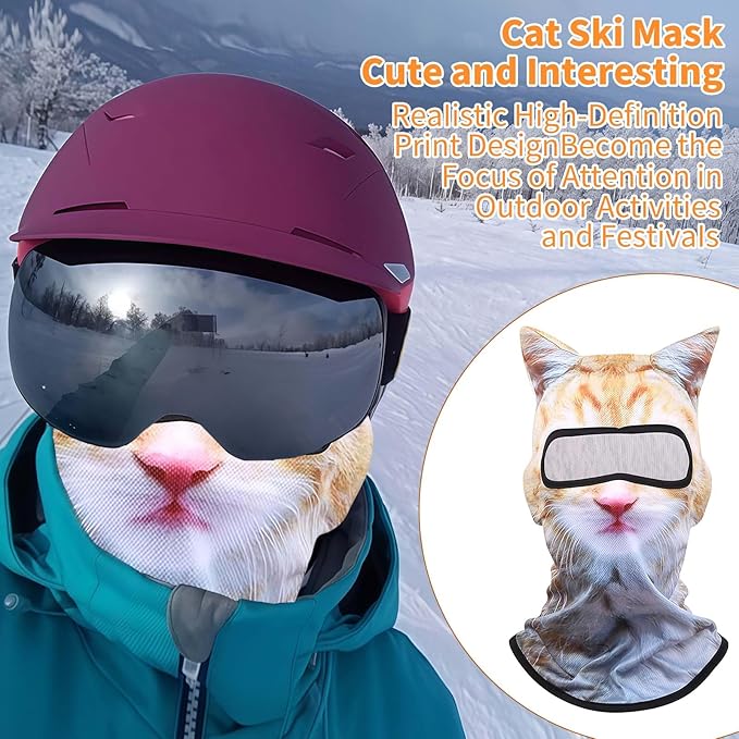 Ski Mask, 3D Cat Ski Mask Balaclava Face Men Women, Cat Mask with Ears, Cute Full Face Shiesty Mask Animal Ski UV Sun Protection Face Mask for Outdoor Hiking Riding Ski Halloween Party Yellow