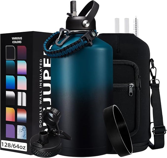 1 Gallon Water Bottle Stainless Steel - 128oz Insulated Flask Water Bottle with Sleeve Strap, Big Water Jug with Straw & Spout Lid, Gym Camping Gallon Water Bottle w/Paracord Handle, protective Boot