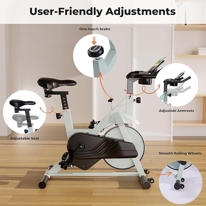 Superun Exercise Bike, Stationary Bikes for Home with Brake Pad, Low Noise Indoor Cycling Bike with 300LBS Weight Capacity, Workout Bike for Home Gym with Pad Mount LCD Monitor and Cup Holder