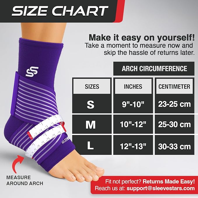 Sleeve Stars Ankle Brace for Women & Men, Ankle Wrap for Sprained Ankle, Compression Sleeve for Plantar Fasciitis Relief, Easy Customizable Support: w/Removable Strap (Single/L:12"-13"/Dark Purple)