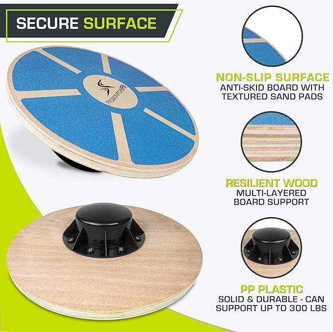 ProSource Wooden Balance Board Non-Slip Wobble Core Trainer 15.75in (39.5cm) Diameter with 360 Rotation for Stability Training, Full Body Exercises, Physical Therapy