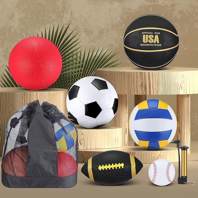 Libima 6 Pcs Multi Sport Ball Set Official Size Football, Basketball, Soccer, Volleyball, Playground Ball, Baseball with Sports Equipment Bag Pump for Teen Adult Christmas School Gift
