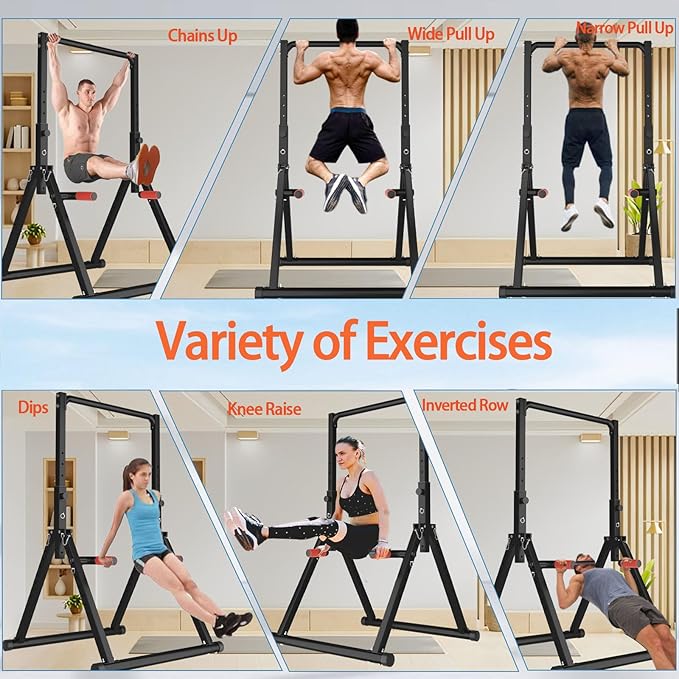 DOBESTS Foldable Power Tower Pull Up Bar Dip Station Adjustable Multifunction Workout Pull Up Tower Station Gym Strength Training Equipment for Home Outdoor, Triangular Legs, Support 700lbs