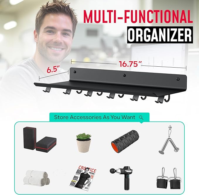 1-Tier Floating Shelf Compatible with Tonal Accessories, Home Gym Storage Shelf, Gym Rack Wall Mount Organizer, Workout Metal Holder, T-Bracket Lock Adapters Hanger, US Patent Holding