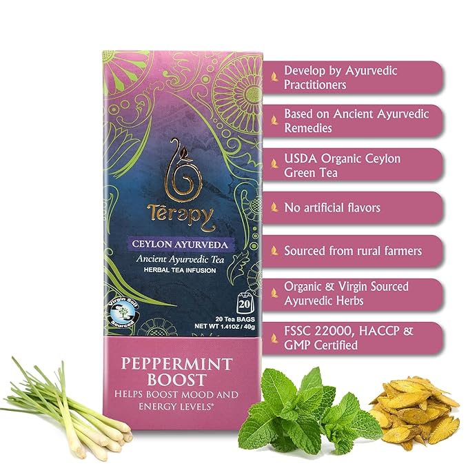 Tรฉrapy Ceylon Peppermint Tea | All Natural Herbal Ingredients | 100% Organic Peppermint Tea Bags Individually Wrapped | Eco-friendly & Unbleached Herbal Tea Bags | 20 Count