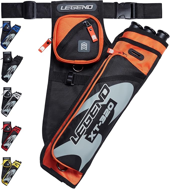 LEGEND XT320 Archery Quivers - Nylon Hip Quivers with 3 Arrow Tube Cases for Target Shooting - Adjustable Waist Belt, T-Slot, Storage Compartments for Accessories, Gear, Tools, Release Tab, Score Card