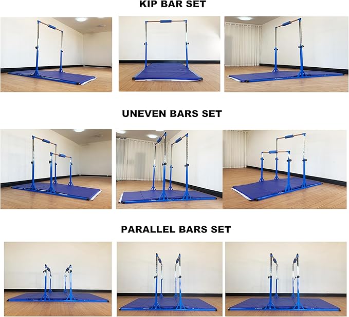 Gymnastics Double Horizontal Bars 3Play Parallel Bars Uneven Bars Gymnastics Training Kip Bar with 304 Stainless Steel Regulating Arms & Fiberglass Rail for Indoor Outdoor Home Club Use