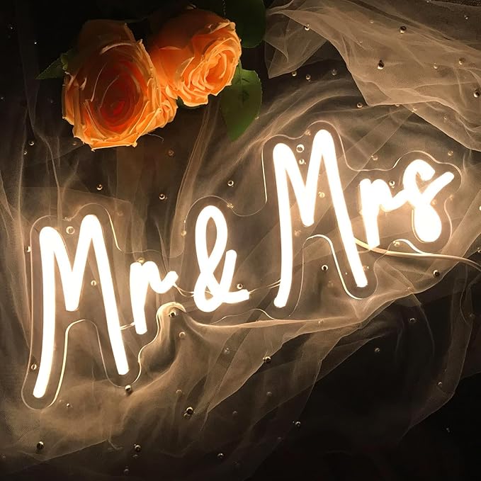 Mr&Mrs LED Neon Sign Wedding & Reception Decor Illuminating Wall Art New Couples Gift Cool LED Sign with 5V Power Supply