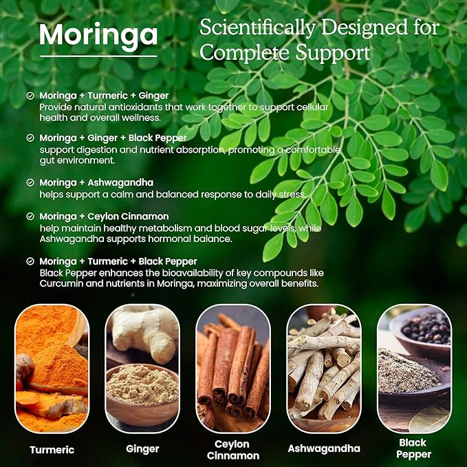 (2 Pack) Organic Moringa Leaf Extract Liquid Drops Supplement 1000mg with Turmeric and Black Pepper for Energy, Antioxidant and Skin, Green Superfood Supplement for Women Men, Vegan, 1 Fl Oz
