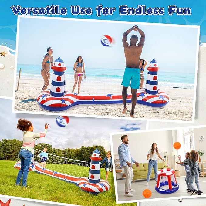EagleStone Inflatable Pool Float Set with Volleyball Net & Basketball Hoop,2-in-1 Floating Water Games for Kids Adults, Backyard Beach Summer Toys, Heavy-Duty PVC Family Pool Party Essentials