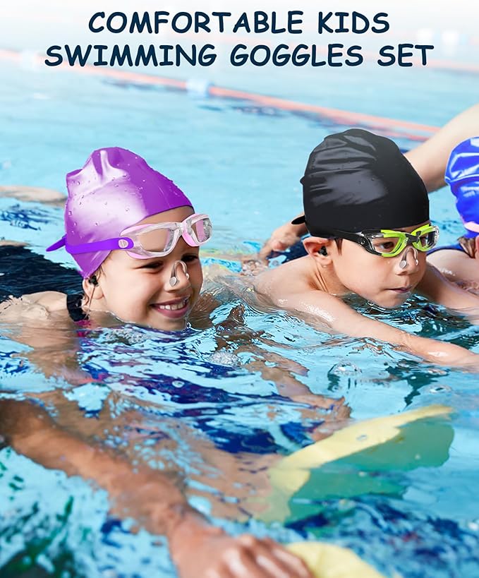 Kids Swim Goggles, Swimming Goggles for Kids Toddlers 3-14 with Swim Cap, Nose Clip, Nose Bridge, Ear Plugs