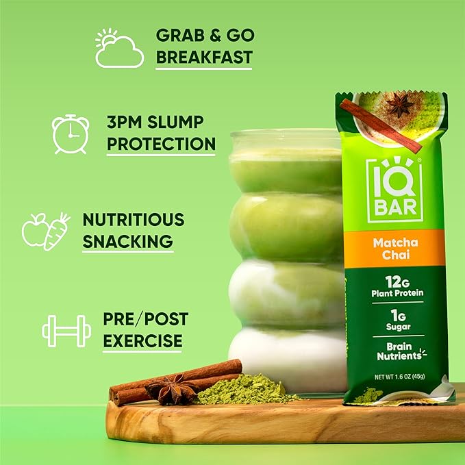 IQBAR Brain and Body Plant Protein Bars - Matcha Chai - 12-Count Low Carb - Gluten Free, High Fiber, Vegan Snacks - Low Sugar Meal Replacement