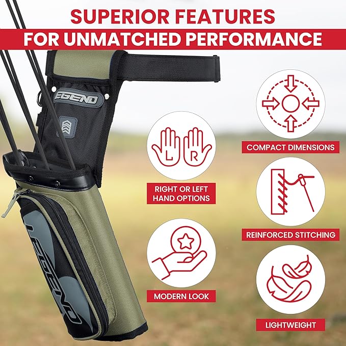 Legend XT420 Field Quiver - Left or Right-Handed Quiver Arrow Holder, Archery Quiver with 3 Arrow Tube, Durable Nylon Hip Quivers with Multiple Pockets for Archery Accessories, Score Card & Tools
