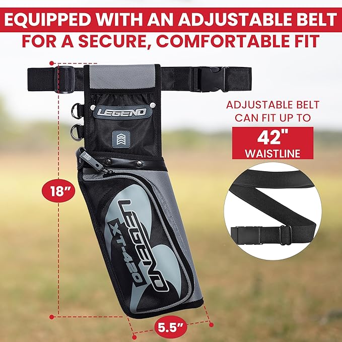 Legend XT420 Field Quiver - Left or Right-Handed Quiver Arrow Holder, Archery Quiver with 3 Arrow Tube, Durable Nylon Hip Quivers with Multiple Pockets for Archery Accessories, Score Card & Tools