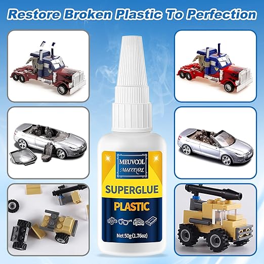 Super Glue for Plastic 100g, Heavy Duty Plastic Glue Model Kit for Legos and Miniature, Strongest Plastic Adhesive Bonder for PLA, 3D Print, Car, ABS, PVC, Acrylic, Craft, Best Plastic Glue
