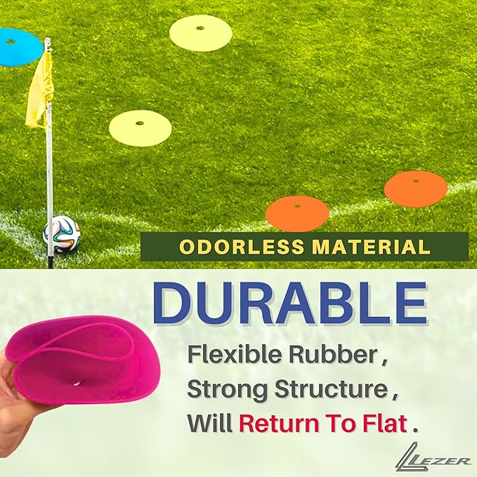 LEZER 9 Inch Flat Cones, Spot Markers, Soccer Cones, Field Court Markers, Sit Spots, Flat Discs, Soccer Training Equipment, Agility Practice, Football, Made in Taiwan