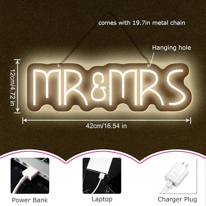Mr&Mrs Neon Sign for Wedding Neon Light LED Backdrop Wall Decor USB Power Switch with Dimmable Mr and Mrs Sign Wedding Reception Decoration Gift for Anniversary Engagement Banquet (Warm White)