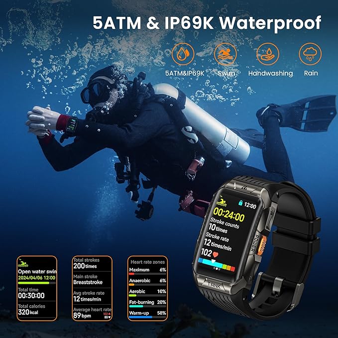 KOSPET Tank X2 Smart Watch Fitness Tracker, 24/7 Heart Rate, Blood Oxygen Monitor, Sleep Tracker, Blutooth Call, Stainless Steel Unibody, 1.64” AMOLED Always-on Display (Black)