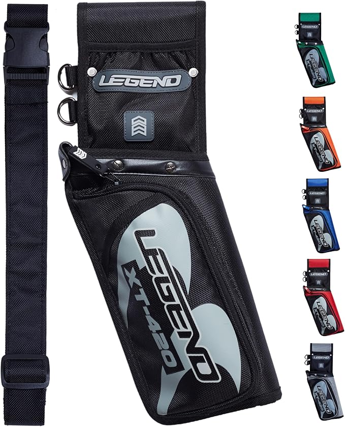 Legend XT420 Field Quiver - Left or Right-Handed Quiver Arrow Holder, Archery Quiver with 3 Arrow Tube, Durable Nylon Hip Quivers with Multiple Pockets for Archery Accessories, Score Card & Tools