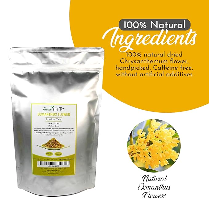 Green Hill Tea Osmanthus Flower Dried – Premium– Fragrant Osmanthus Dried Flowers -Loose Leaf Osmanthus Tea – 100% Pure, Natural, Non-GMO – Great for Brewing, Baking & Infusions 4 OZ