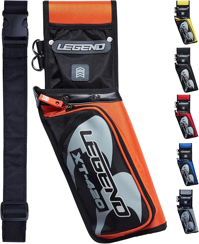 Legend XT420 Field Quiver - Left or Right-Handed Quiver Arrow Holder, Archery Quiver with 3 Arrow Tube, Durable Nylon Hip Quivers with Multiple Pockets for Archery Accessories, Score Card & Tools