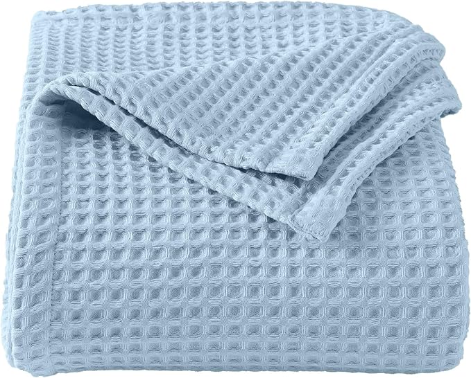 100% Cotton Waffle Weave Queen Bed Blanket | Soft, Breathable, and Lightweight Blanket for All-Seasons | Perfect for Layering | Brielle Collection (Full/Queen, Sky Blue)