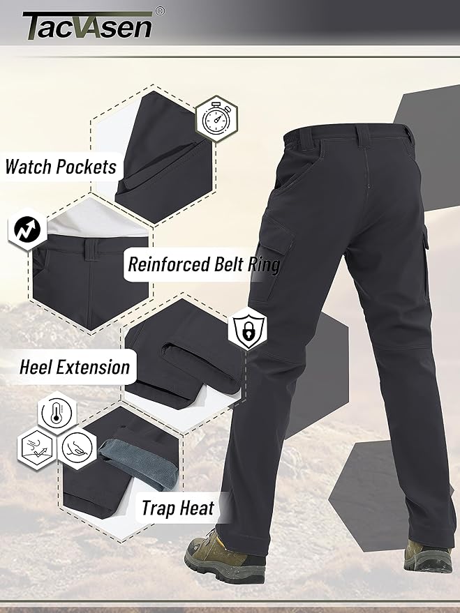 TACVASEN Men's Winter Pants 9 Pockets Fleece Snow Hiking Pants Water-Resistant Warm Softshell Thick Tactical Pants
